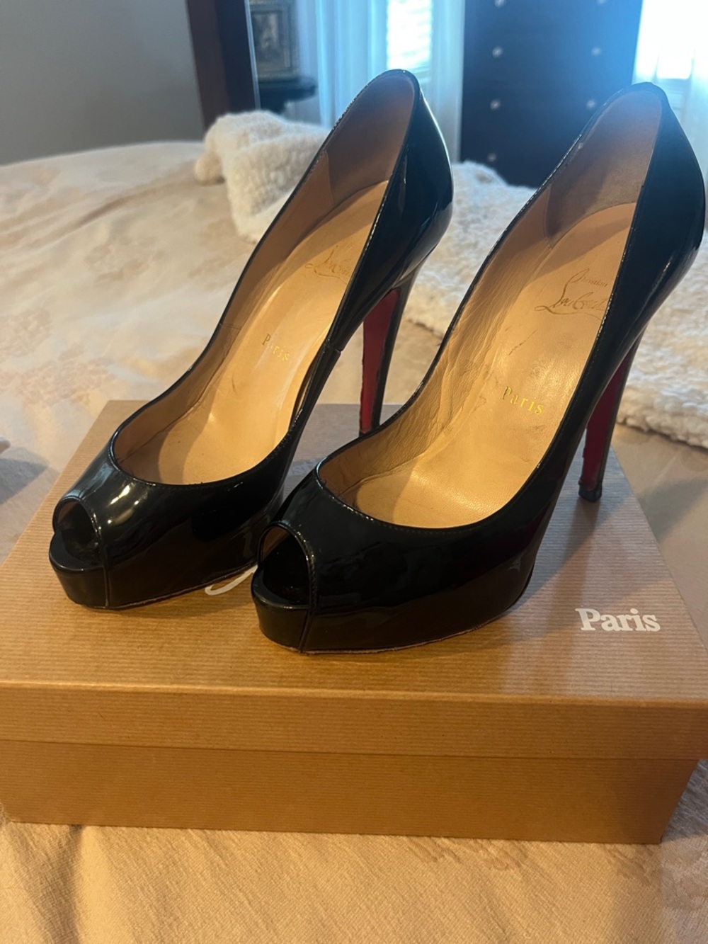 Christian Louboutin Black Patent Peep-Toe Stiletto Pumps with Red Sole